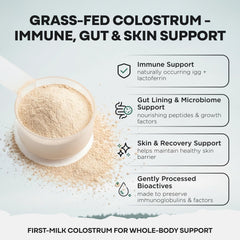 Wild Foods Colostrum Powder 2g scoop beside a glass of water for easy mixing