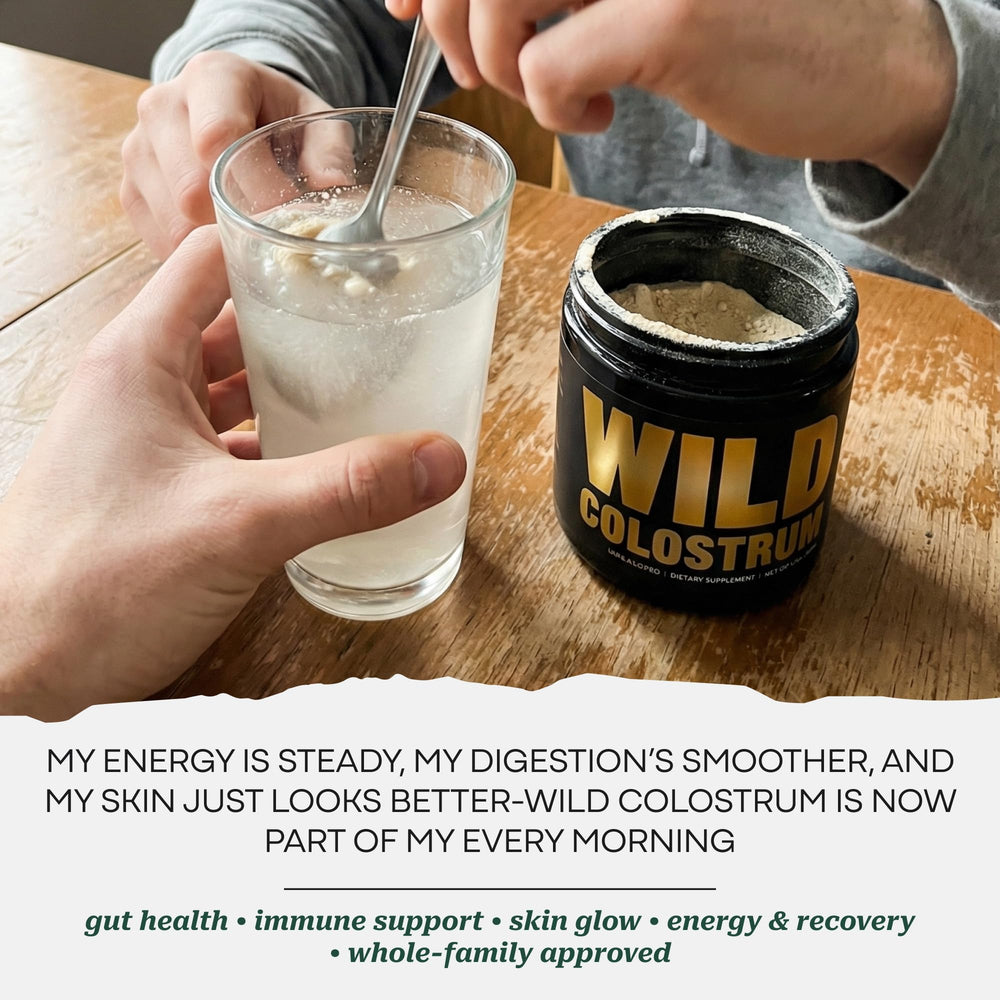 Packaging highlights 400mg IgG per serving on Wild Foods Colostrum Powder