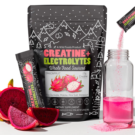 Wild Foods creatine-electrolytes dragonfruit packets for on-the-go hydration during workouts.