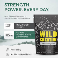 Wild Foods creatine stick packet in a travel bag for on-the-go fueling.