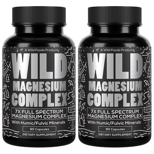 Wild Foods magnesium complex bottle front; supports daily wellness with a balanced mineral blend.