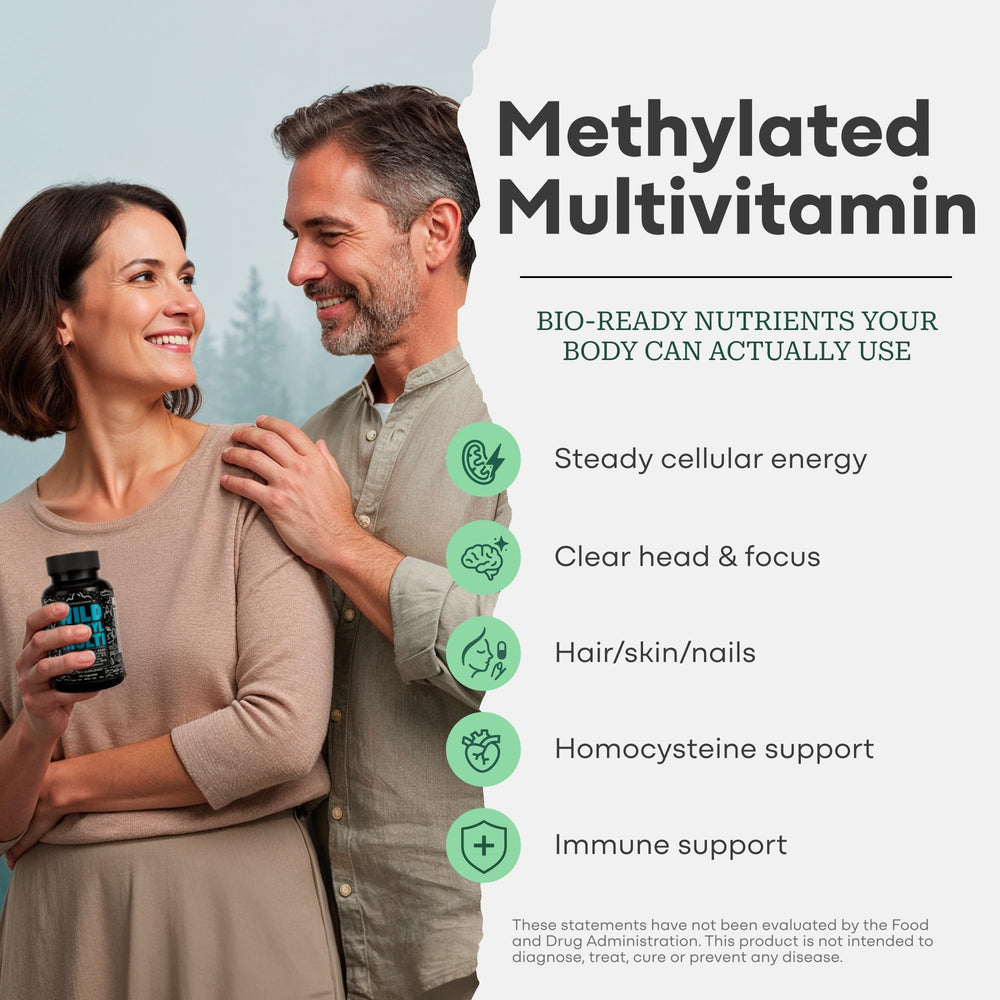 Wild Foods Wild Methylated Multivitamin label front emphasizes iron-free formula.