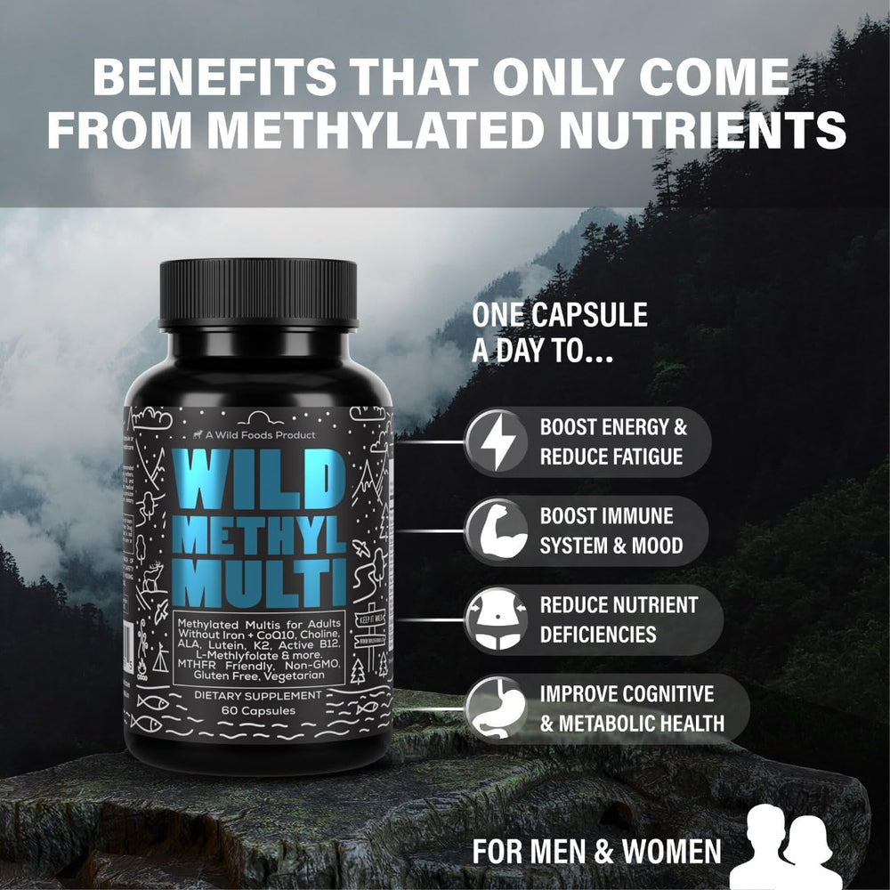 Pack of two Wild Foods methylated multivitamins for shared daily use