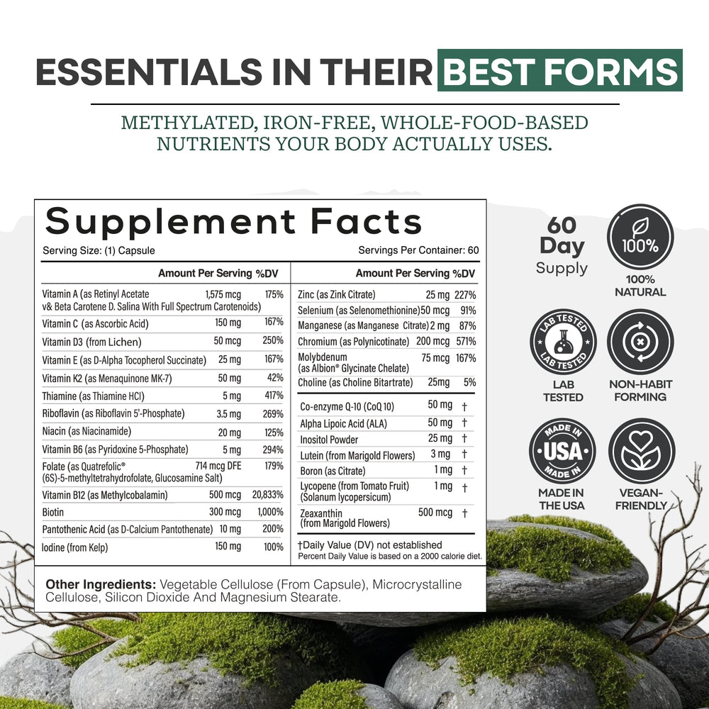 Wild Foods Wild Methylated Multivitamin packaging back lists 27 nutrients.