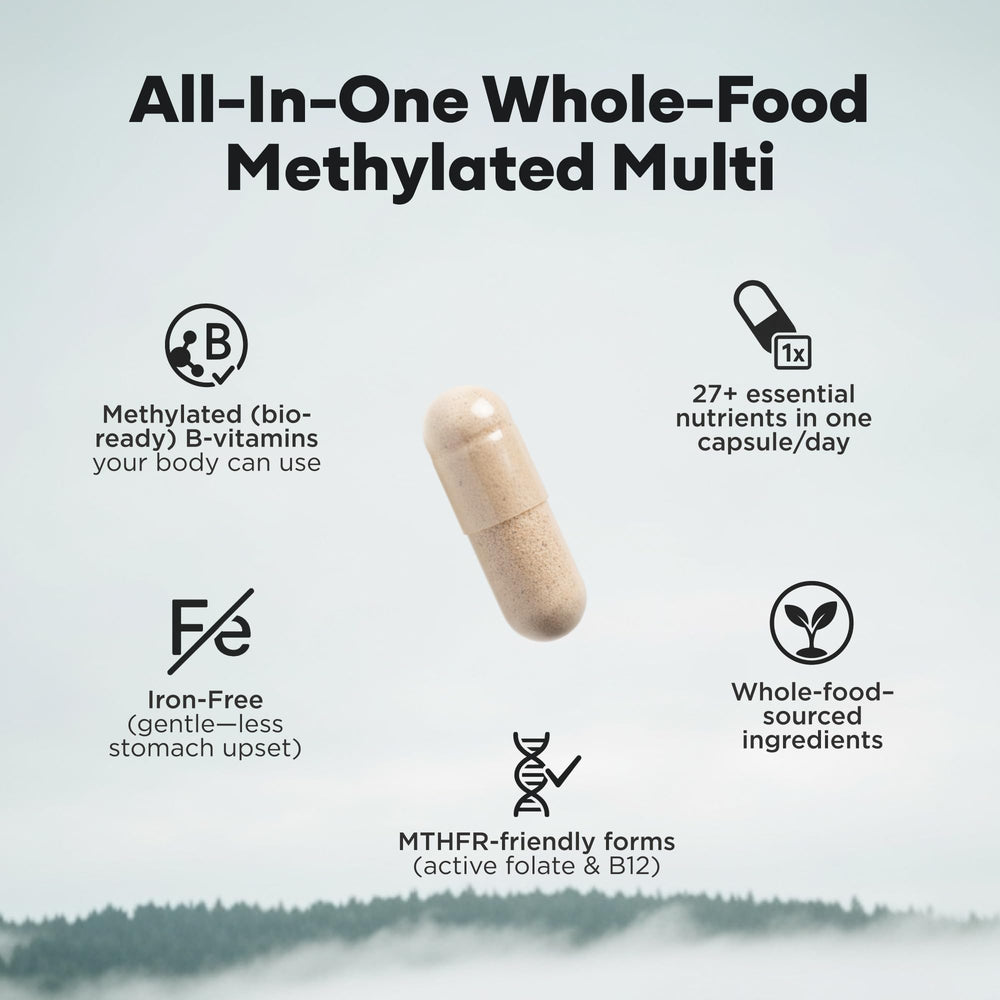 Wild Foods Wild Methylated Multivitamin tablets closeup highlights methylfolate and B12 for absorption.