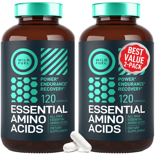 WILD FUEL Essential Amino Acids bottle showing vegan capsule formula, brand focus