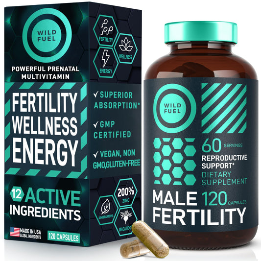 Wild Fuel men's fertility prenatal vitamin bottle with capsules for vitality and family planning.