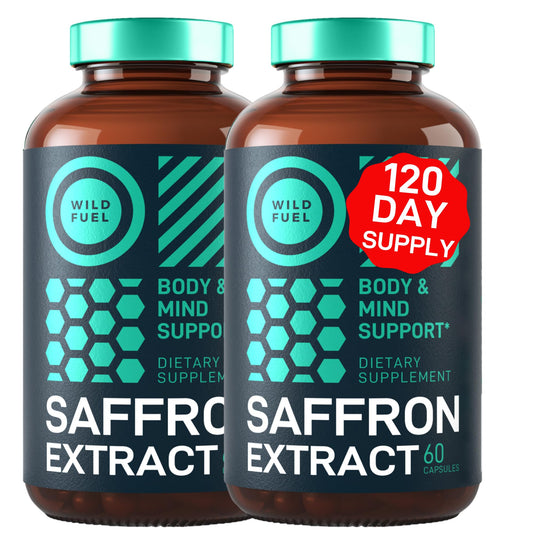 Wild Fuel Pure Saffron Capsule closeup, highlighting antioxidant-rich formula for daily vitality.