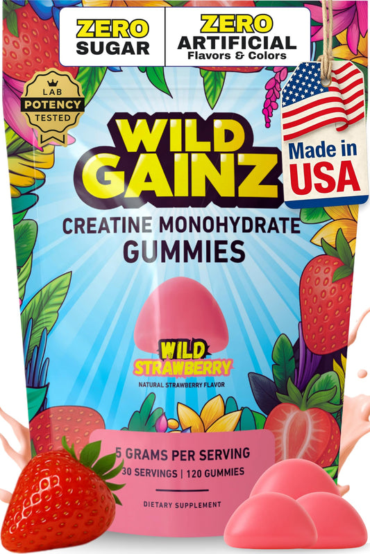 WILD GAINZ Creatine Gummies bottle-front, a convenient workout companion for training days