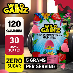 WILD GAINZ Creatine Gummies bottle-label highlighting USA-made quality and testing