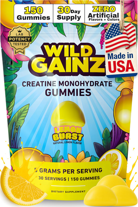 Wild Gainz Creatine Monohydrate Gummies bottle label emphasizes lab-tested potency for confidence.