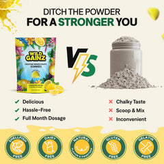 Wild Gainz gummies bottle open scene highlights portable, mess-free use during workouts.