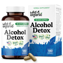 Wild & Organic alcohol detox capsules bottle close-up highlighting vegan, plant-based formula.