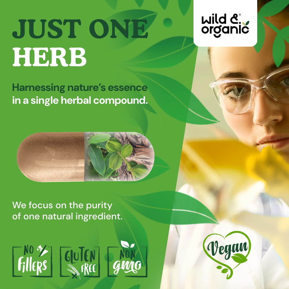 Wild & Organic arjuna bottle stack suggests a 4-month supply for ongoing use.