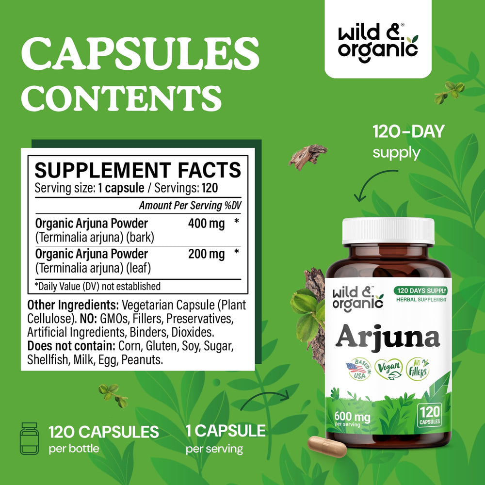 Wild & Organic Arjuna bark capsules with leaf extract shown; plant-based formula for daily wellness.