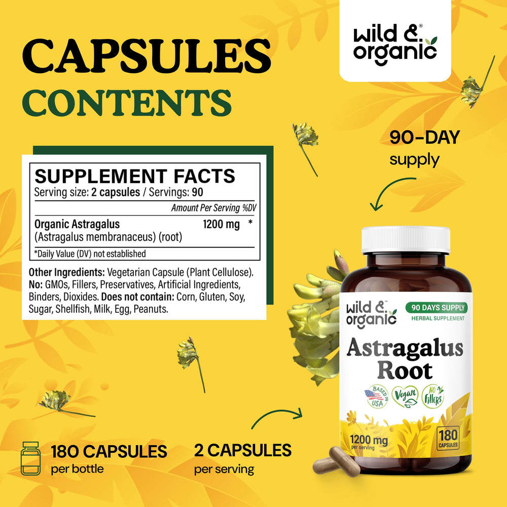 Wild & Organic Astragalus Capsules front label confirms vegan, non-GMO formula.