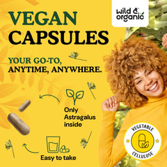 Wild & Organic Astragalus Capsules vegan non-GMO symbol signals ethical quality.