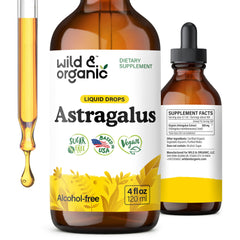 Wild & Organic astragalus tincture bottle front showing vegan, sugar-free immune support formula