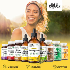 Wild & Organic astragalus tincture drops on a glass surface for convenient daily dosing