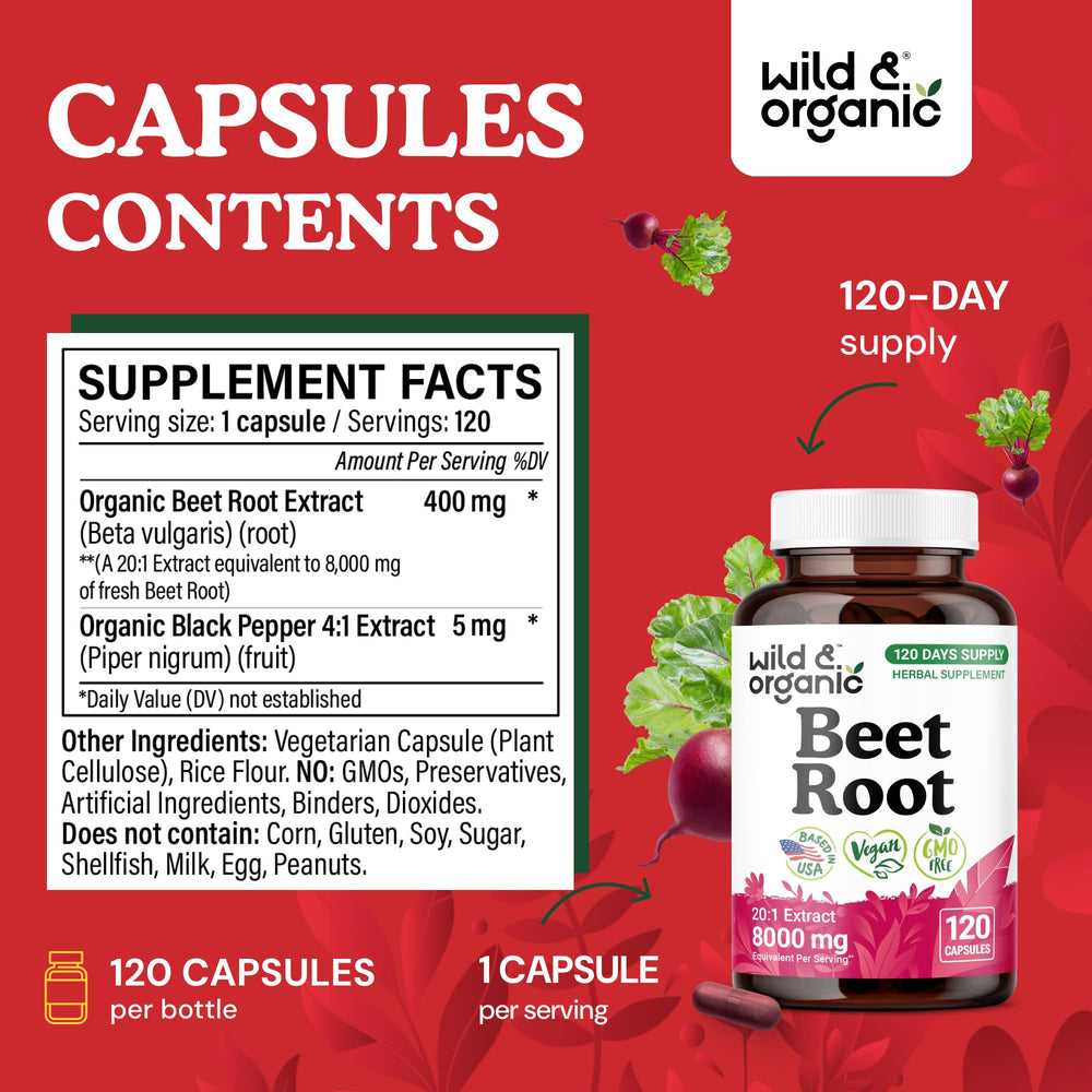 Wild & Organic Beet Root Capsules capsules close-up showing easy-to-swallow design.