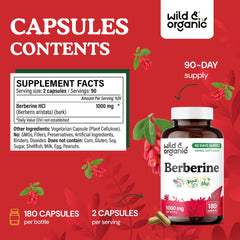 Wild & Organic Berberine label highlighting non-GMO and plant-based ingredients.