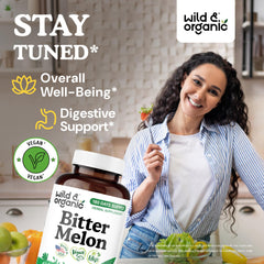 Wild & Organic bitter melon capsules closeup showing smooth easy-to-swallow design