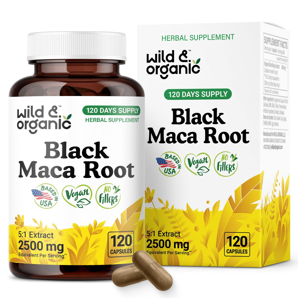 Wild & Organic Black Maca Root Capsules bottle offers convenient daily wellness support.