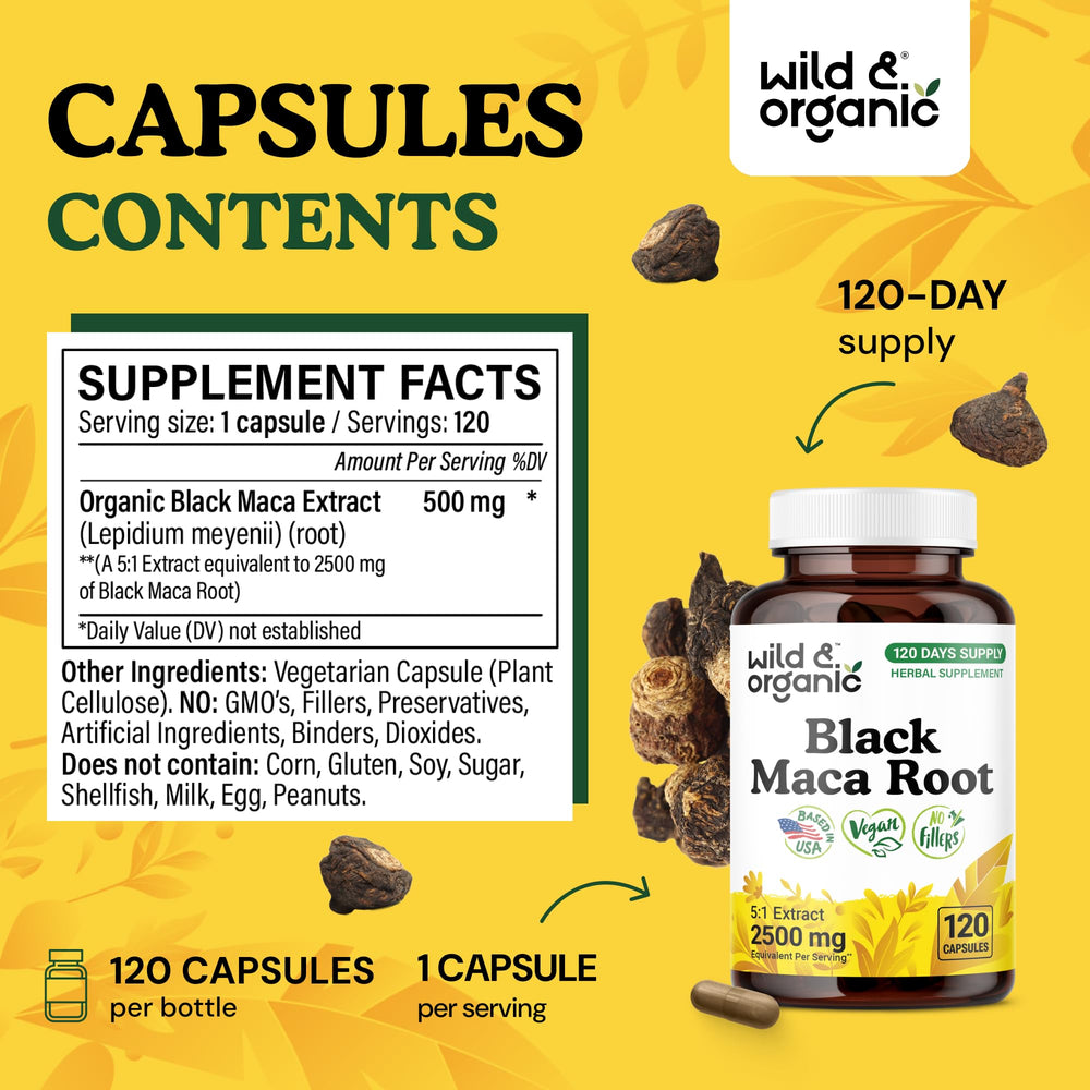 Wild & Organic Black Maca Root Capsules label communicates gluten-free, 120-day supply.