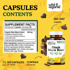 Wild & Organic Black Maca Root Capsules label communicates gluten-free, 120-day supply.
