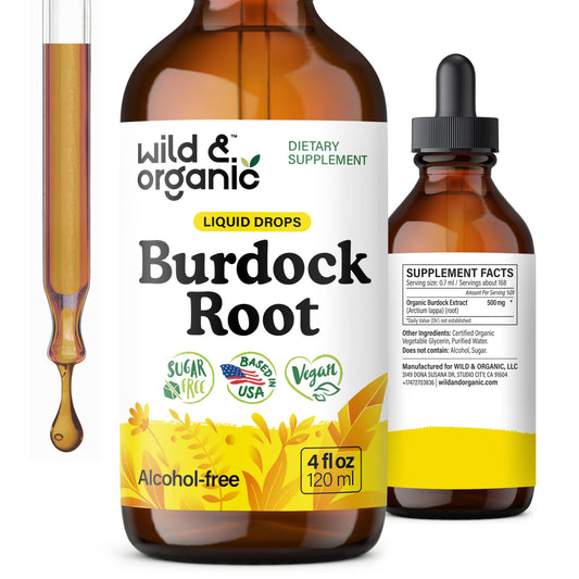 Wild & Organic burdock root tincture bottle showing antioxidant support packaging