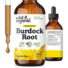 Wild & Organic burdock root tincture bottle showing antioxidant support packaging