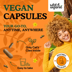 Wild & Organic Cats Claw ingredients show vegan non-GMO formula.