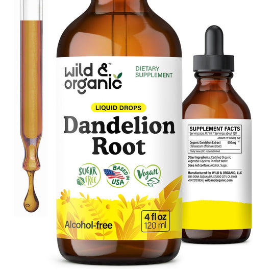 Wild & Organic Dandelion Drops bottle shows vegan formula for liver health support