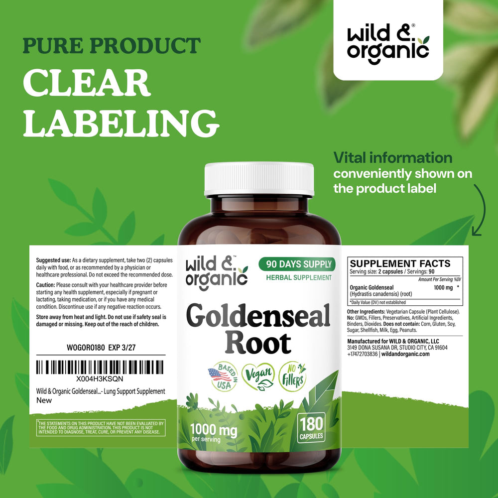 Branding on Wild & Organic Goldenseal packaging emphasizes natural wellness.