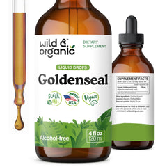 Wild & Organic Goldenseal tincture bottle showing vegan, alcohol-free formula for daily lung and digestive support.