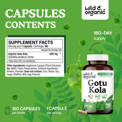 Wild & Organic Gotu Kola Capsules bottle front shows 180-day supply.