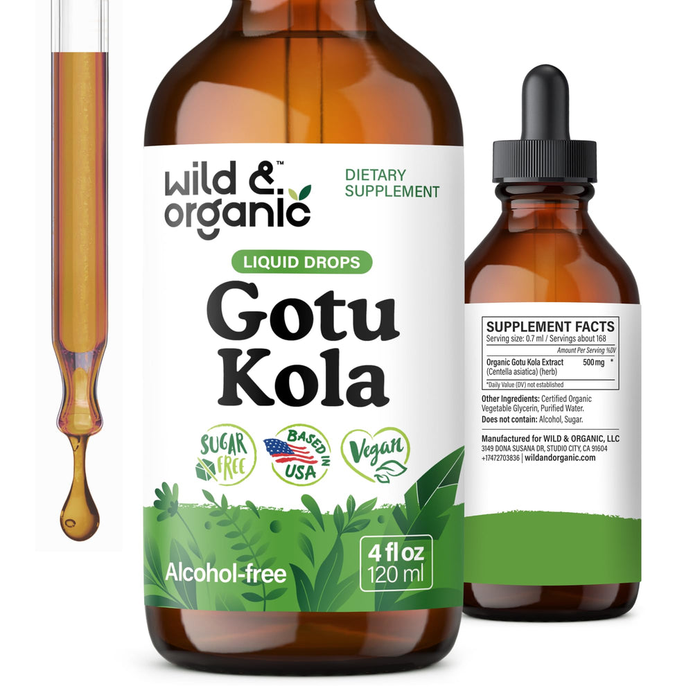 Wild & Organic Gotu Kola bottle pour for easy daily use.
