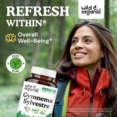 Wild & Organic Gymnema Sylvestre capsules bottle back—transparent ingredients and non-GMO promise.