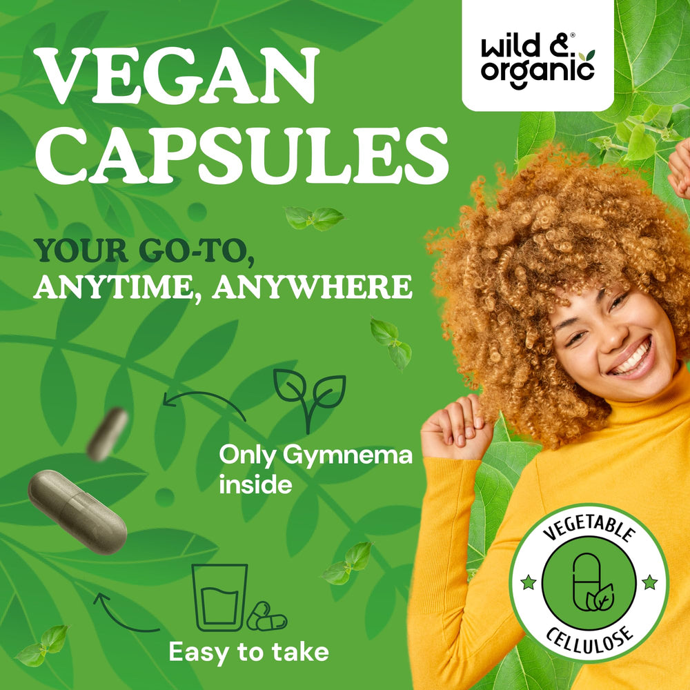 Wild & Organic gymnema sylvestre capsules close-up—plant-based, easy-to-take design.