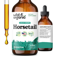 Wild & Organic horsetail tincture bottle front showing the plant-based wellness label