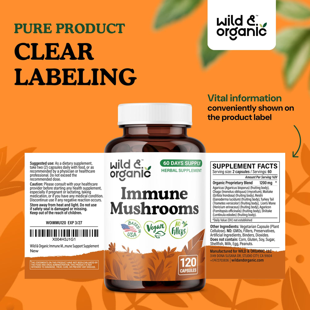 Wild and Organic immune mushroom capsules closeup shows 1200 mg per serving.