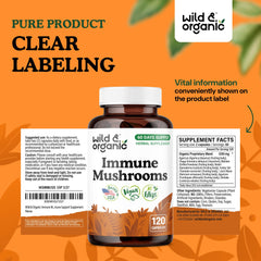 Wild and Organic immune mushroom capsules closeup shows 1200 mg per serving.