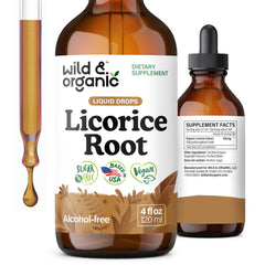 Wild & Organic licorice tincture bottle showcasing vegan formula for digestion support
