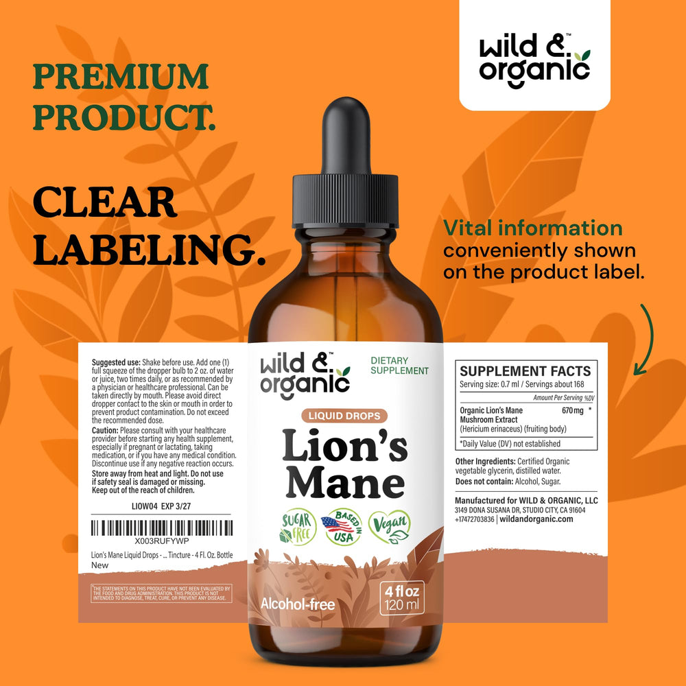 Wild & Organic Lions Mane liquid drops packaging shows an 84-day supply indication.