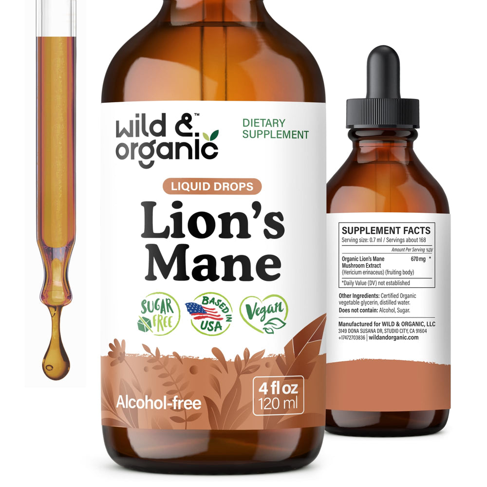 Wild & Organic Lions Mane liquid drops bottle for easy brain support on the go.