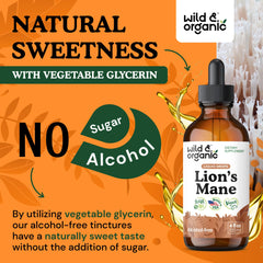Wild & Organic Lions Mane liquid drops glycerin base supports gentle digestion.