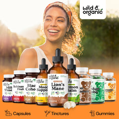 Wild & Organic Lions Mane liquid drops ingredients emphasize vegan, GMO-free formula.