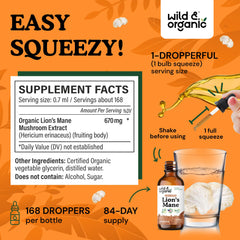 Wild & Organic Lions Mane liquid drops label highlights vegan, alcohol-free tincture benefits.