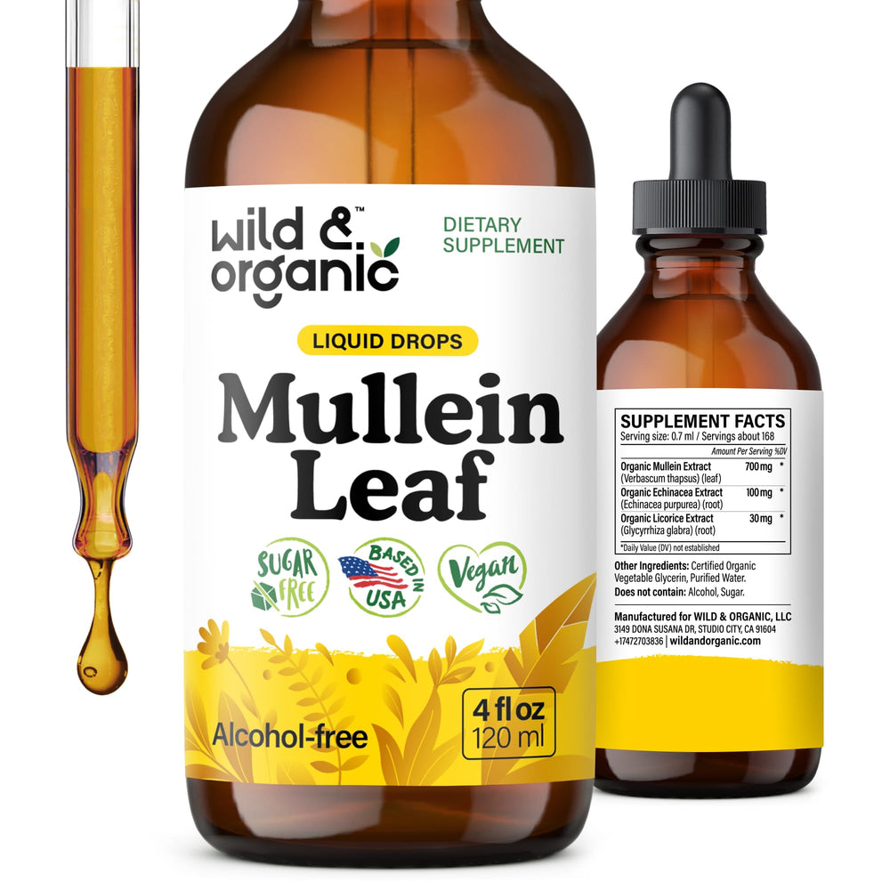 Wild & Organic mullein drops bottle for lungs, easy daily use
