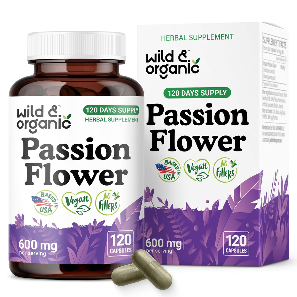 Wild & Organic Passion Flower bottle front for mood support and relaxation